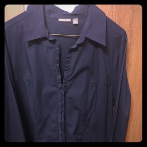 Black button down shirt with ruffle detail